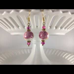 Handmade Earrings White/Pink/Gold Porcelain Flower Design New